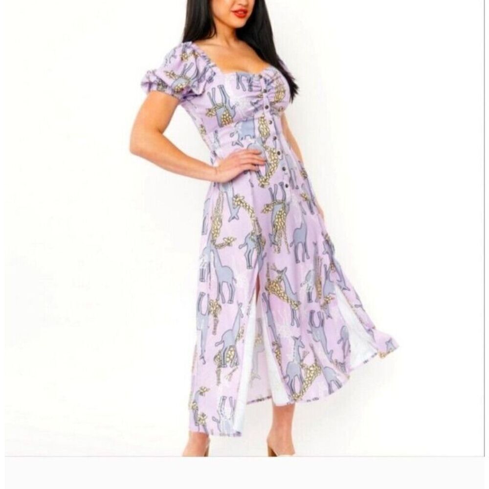 Unique Vintage Dress Size Medium Purple Wild Hearts Run Free Giraffe Print Midi